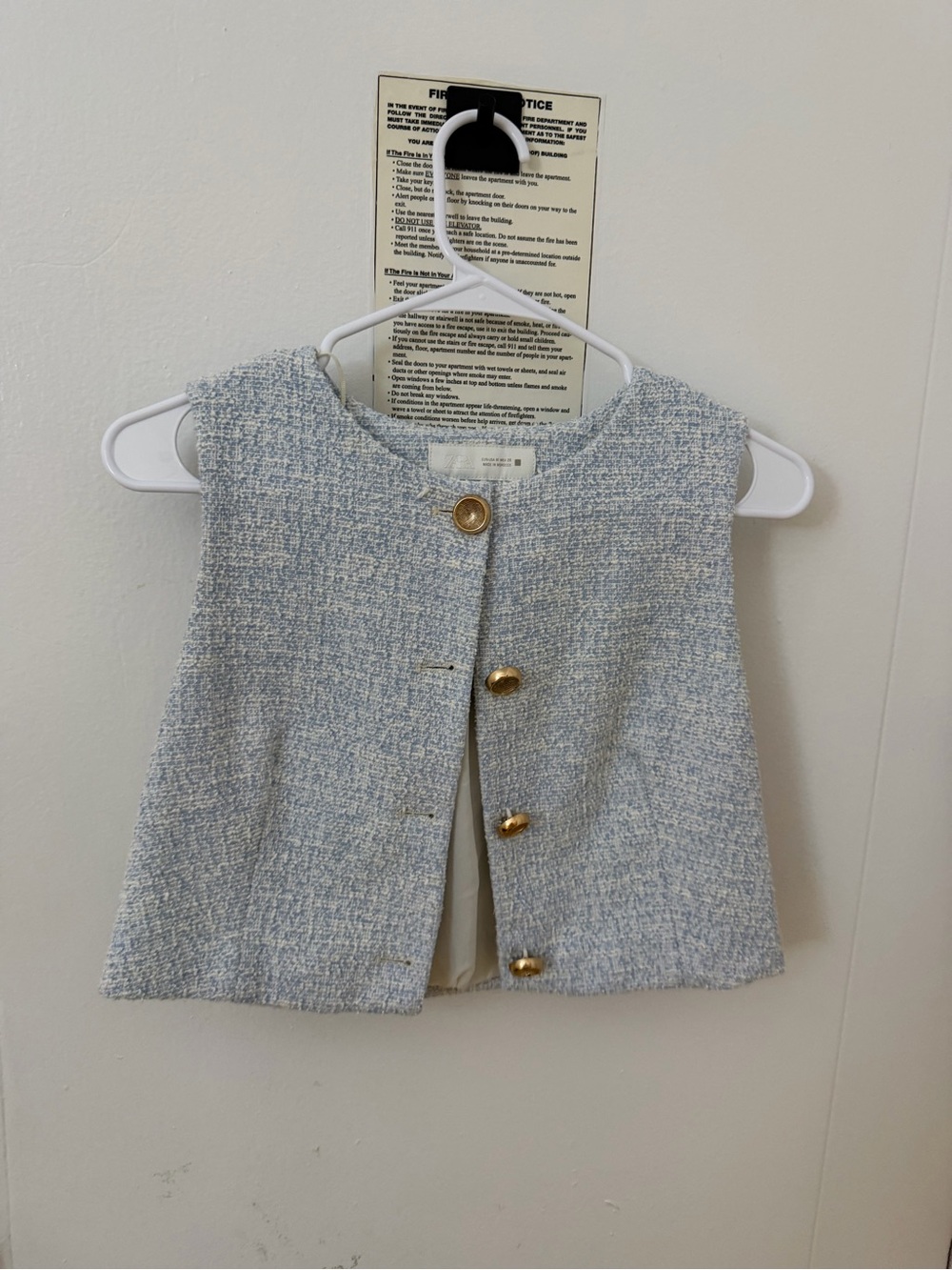 Zara Light Blue Tweed Crop Vest with Gold Buttons